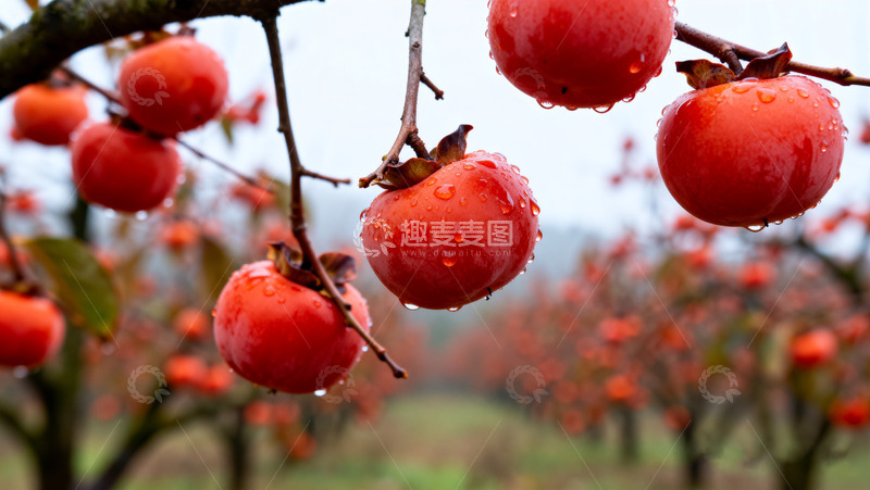 高清大图下载【趣麦麦图】枝头带露珠的红柿子3