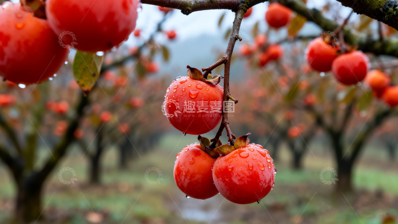 高清大图下载【趣麦麦图】枝头带露珠的红柿子4