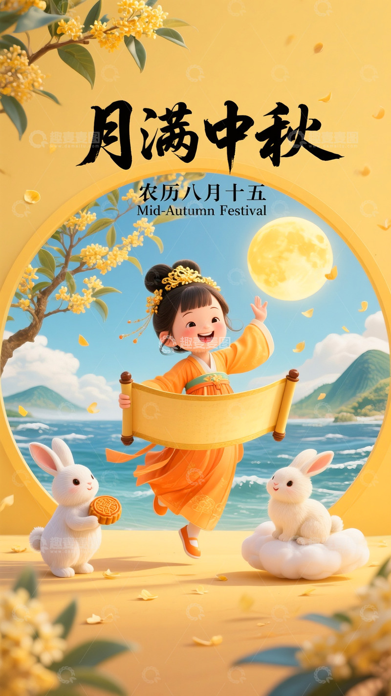 高清大图下载【趣麦麦图】-中秋节 月饼 美女 圆月