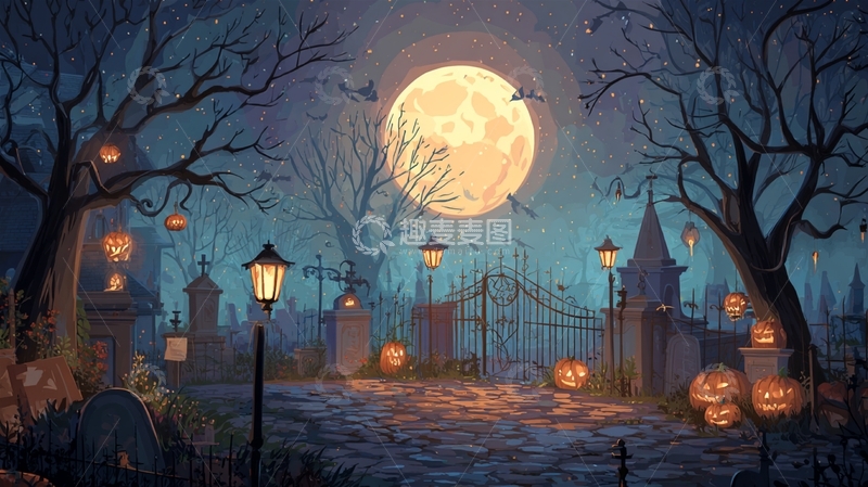 高清大图下载【趣麦麦图】恐怖万圣节墓园夜景