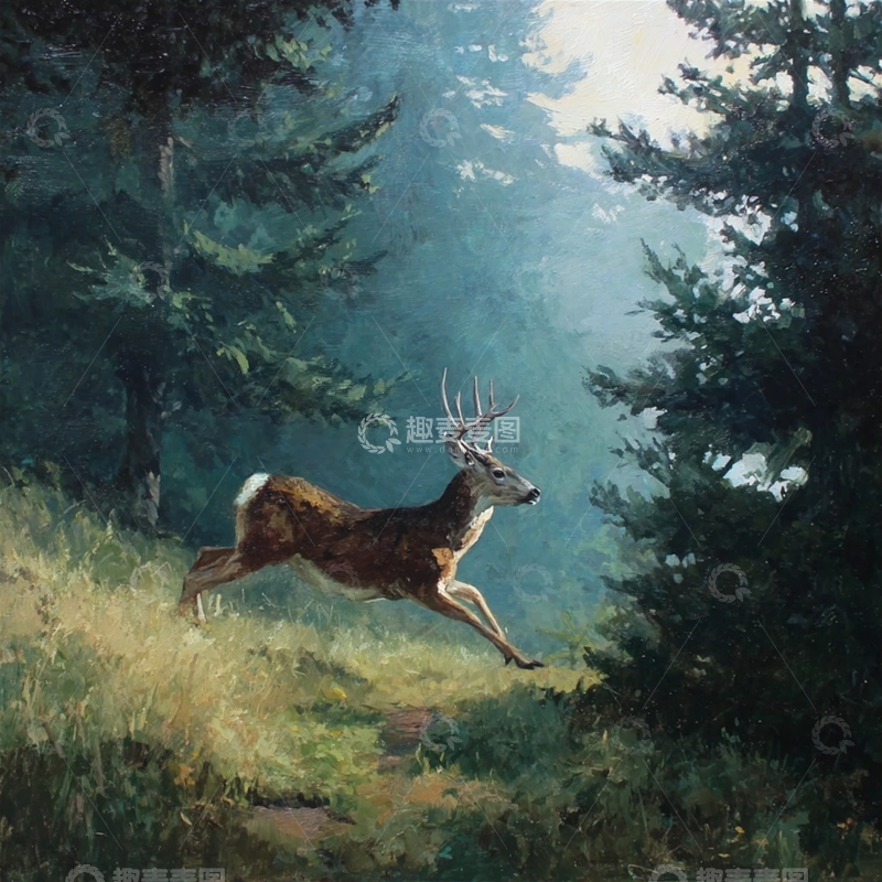 高清大图下载【趣麦麦图】-森林中的雄鹿奔跑瞬间