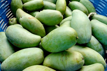 蓝筐里的青皮新鲜芒果