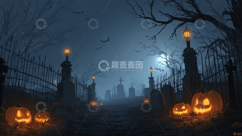 高清大图下载【趣麦麦图】万圣节幽暗墓地夜景