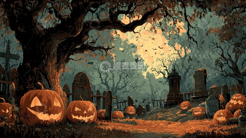 高清大图下载【趣麦麦图】-万圣节恐怖墓地夜景
