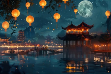 中秋节月亮凉亭建筑风景