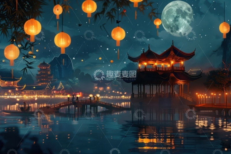 高清大图下载【趣麦麦图】中秋节月亮凉亭建筑风景