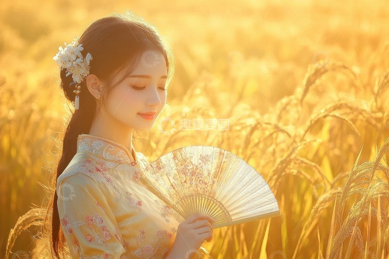 高清大图下载【趣麦麦图】麦田里拿着扇子的女性