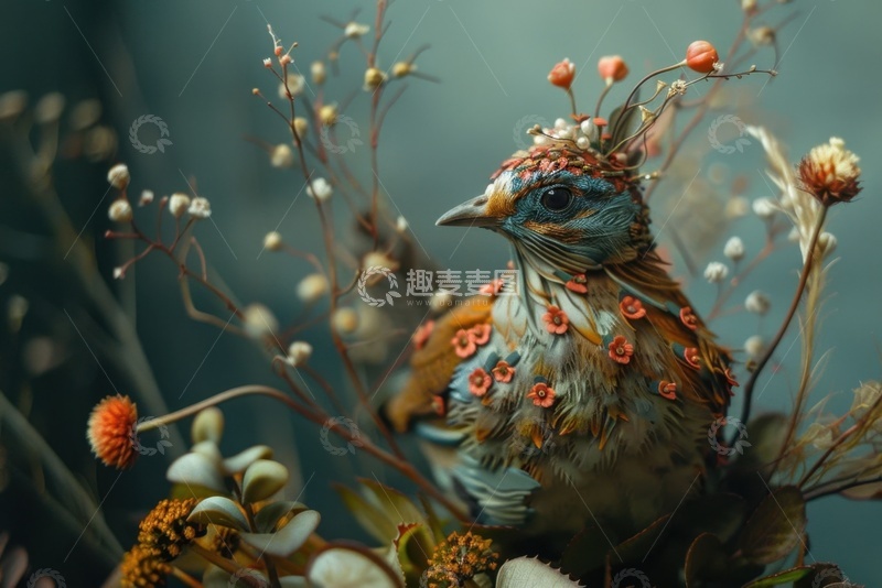 高清大图下载【趣麦麦图】花朵装饰的一只布谷鸟