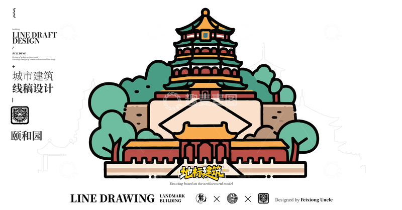 源文件下载【趣麦麦图】颐和园城市地标矢量建筑线描明信片
