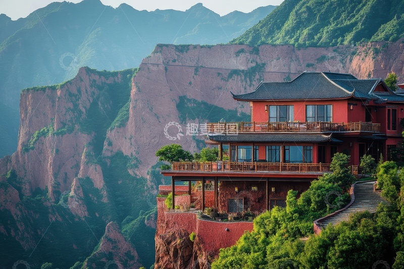 高清大图下载【趣麦麦图】悬崖边上的房屋凉亭建筑