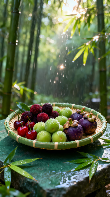 竹林水果组合摄影图
