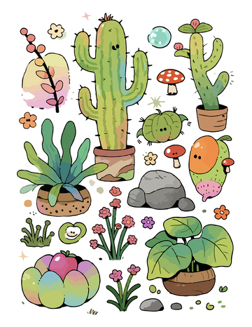 卡通仙人掌水彩插画