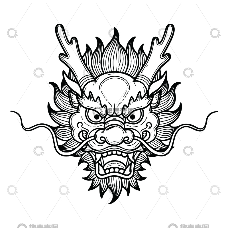 源文件下载【趣麦麦图】-中国龙头黑白线稿2