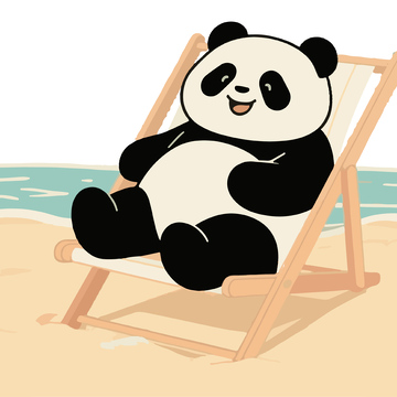 可爱的熊猫坐在沙滩的躺椅上