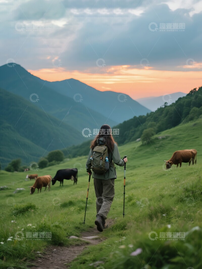 高清大图下载【趣麦麦图】徒步旅行者穿行于山间草场