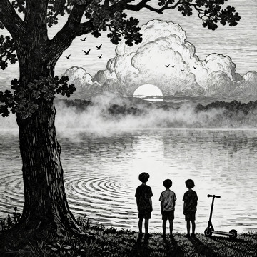 湖边孩子背影版画