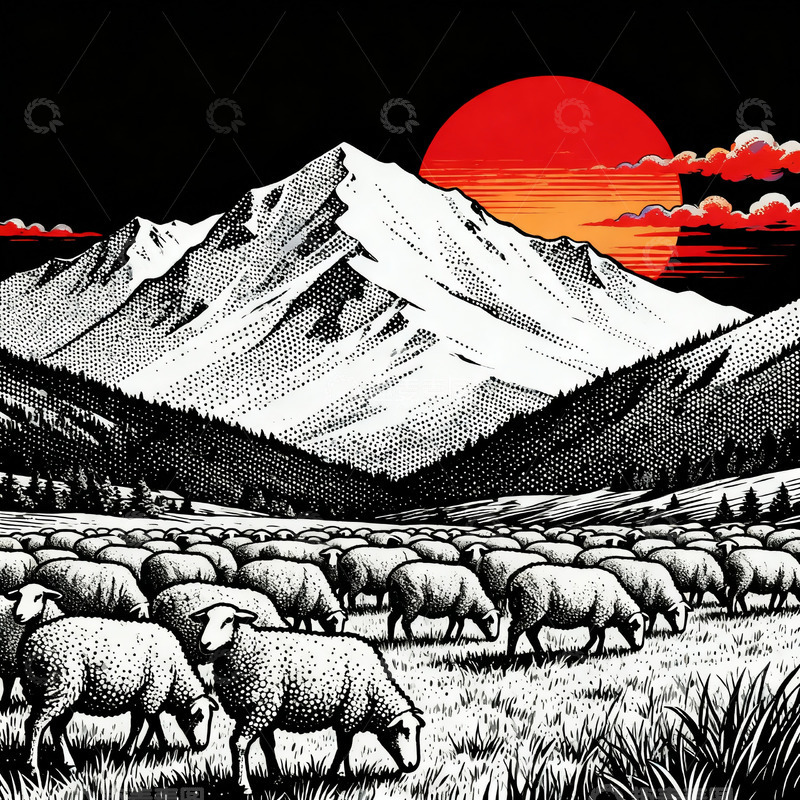 高清大图下载【趣麦麦图】雪山脚下牧羊群插画