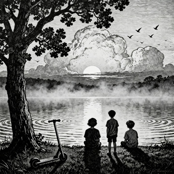 湖边孩子背影版画