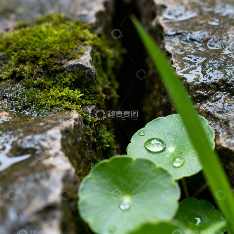 微距拍摄铜钱草青苔岩石