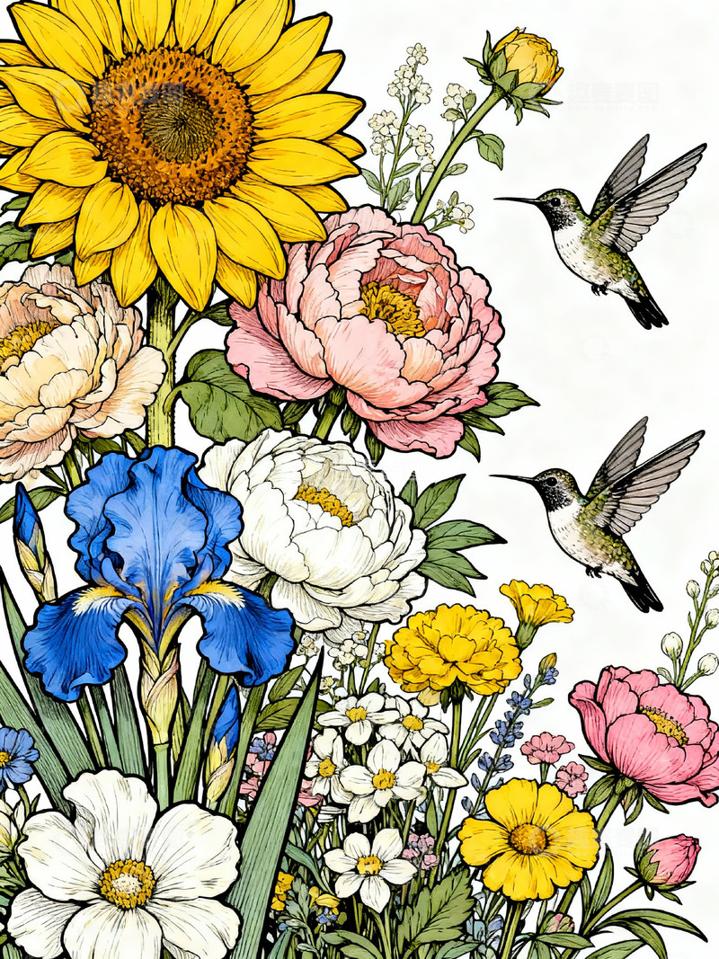 高清大图下载【趣麦麦图】精细线条花卉鸟类插画