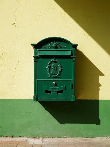 绿色邮筒在黄绿墙面上