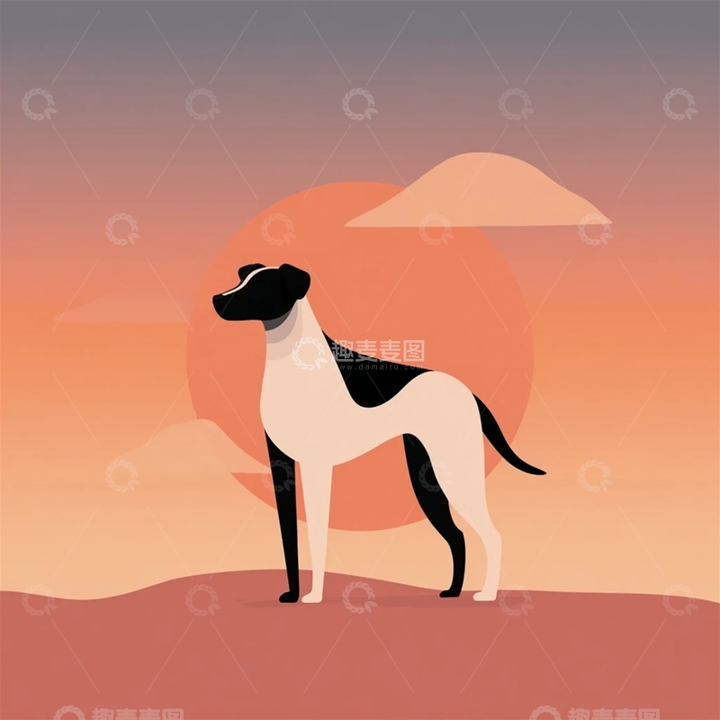 高清大图下载【趣麦麦图】夕阳下的黑白猎犬剪影