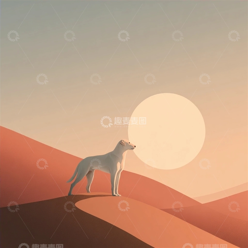 高清大图下载【趣麦麦图】夕阳下的沙丘与守望犬