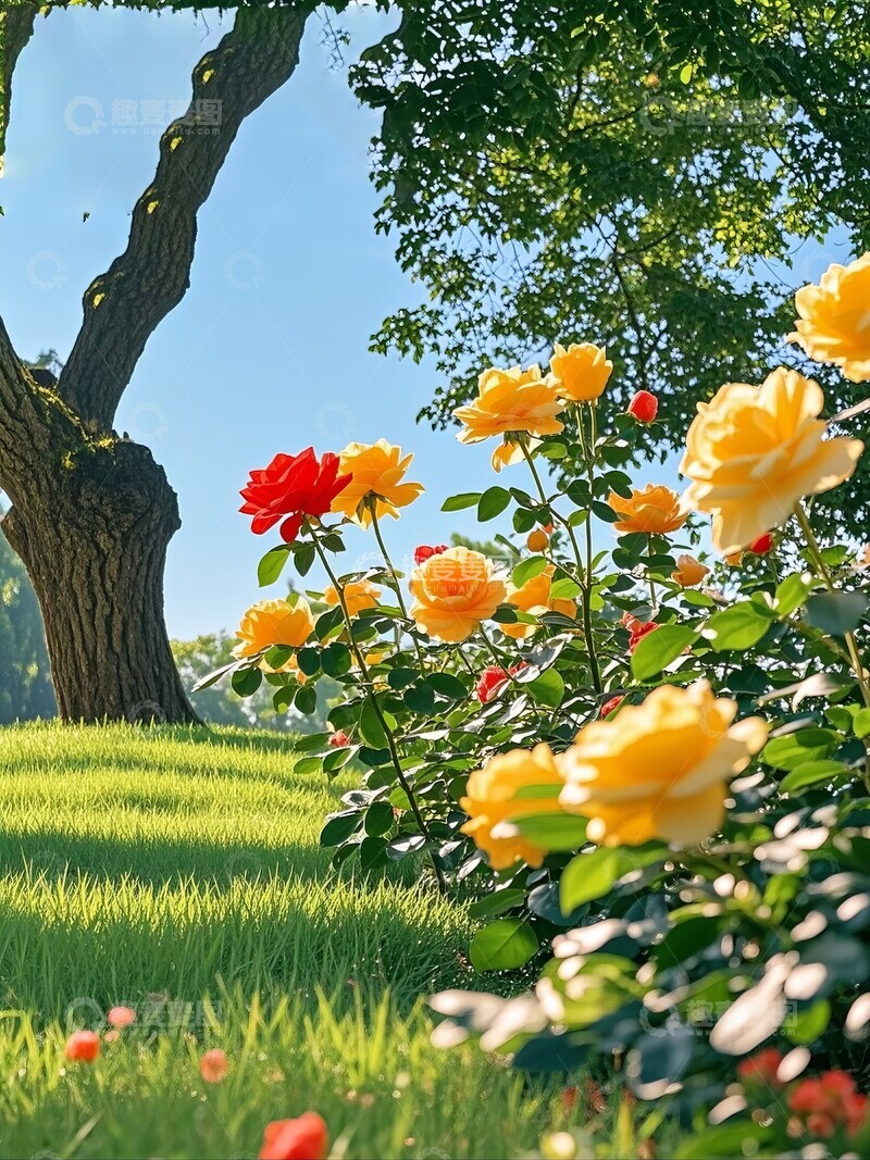 高清大图下载【趣麦麦图】花园中的红黄玫瑰花丛