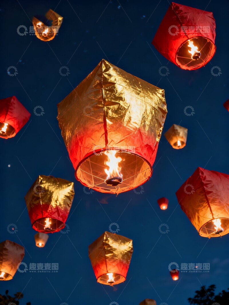 高清大图下载【趣麦麦图】传统节日夜空中放飞的孔明灯