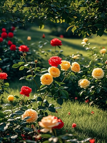 公园中的红黄玫瑰花丛