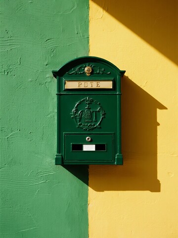 绿色的邮筒在黄绿墙面上