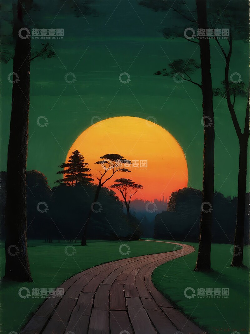 高清大图下载【趣麦麦图】夕阳下的林间小路手绘插画
