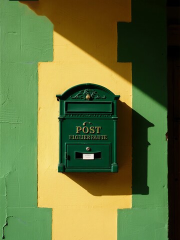 绿色邮筒在黄绿墙上的影子