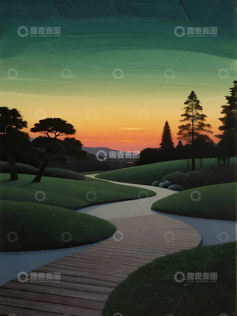 高清大图下载【趣麦麦图】夕阳下的林间小路插画