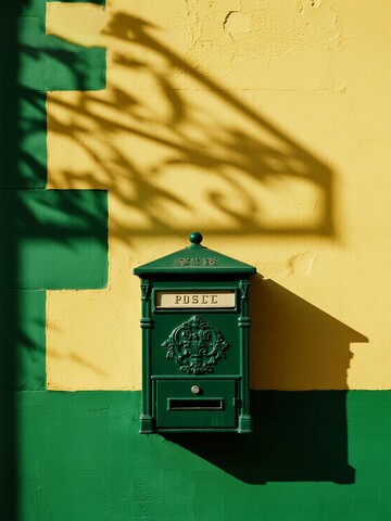 绿色的邮筒在黄绿墙上的影子