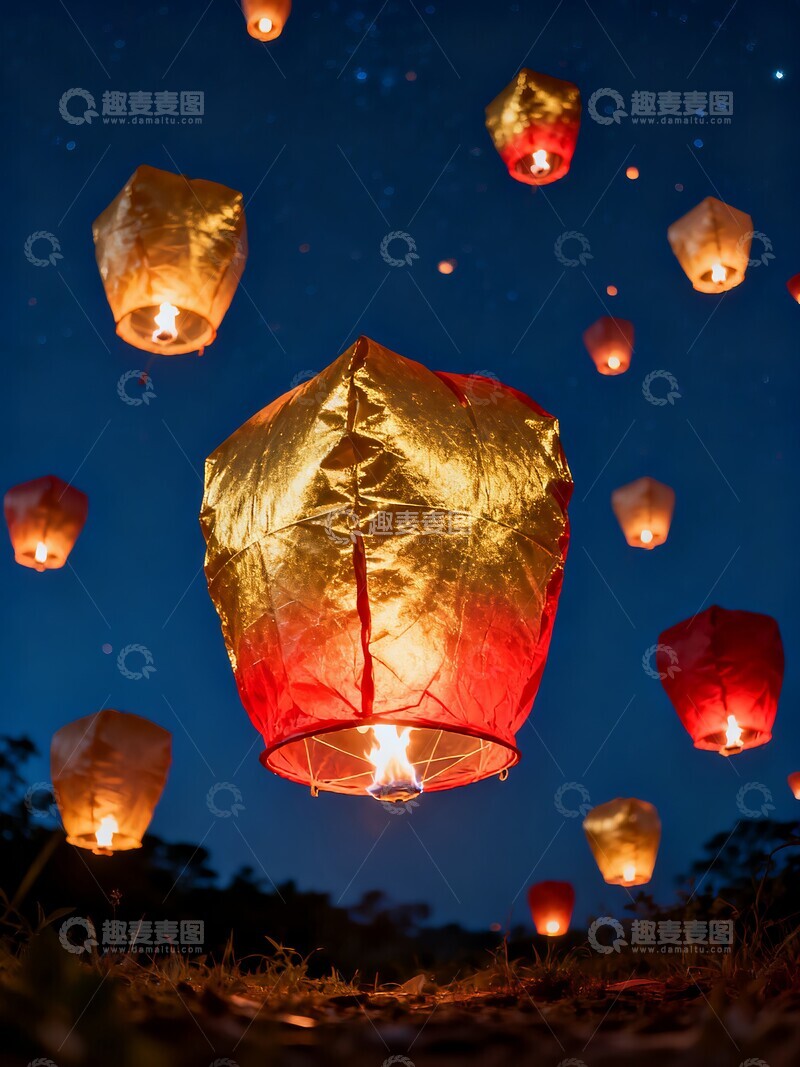 高清大图下载【趣麦麦图】节日夜空中放飞的孔明灯
