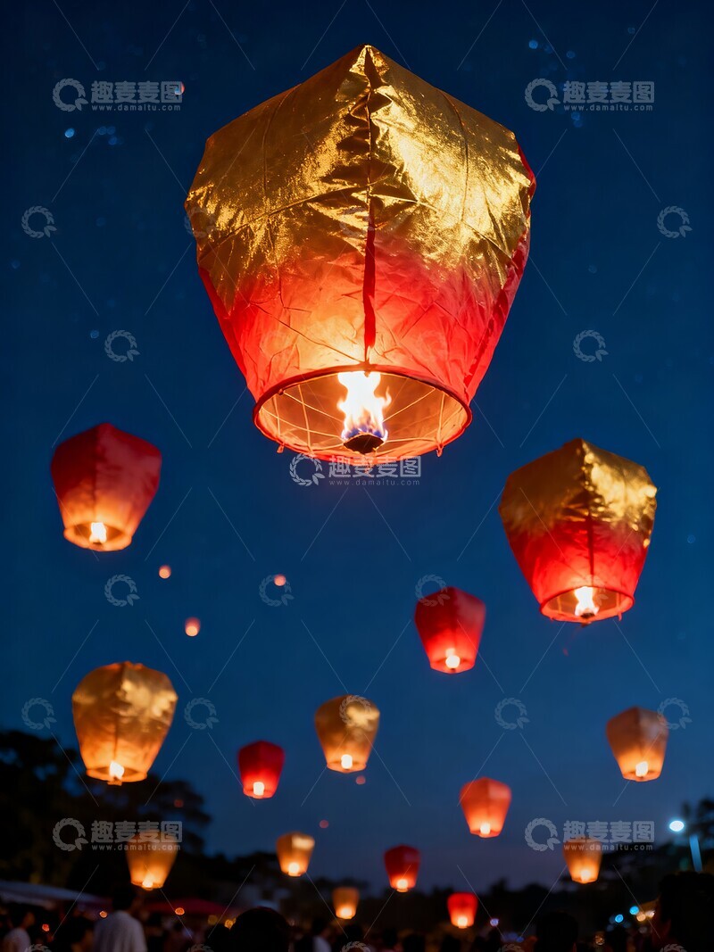 高清大图下载【趣麦麦图】节日夜空中飘浮的孔明灯