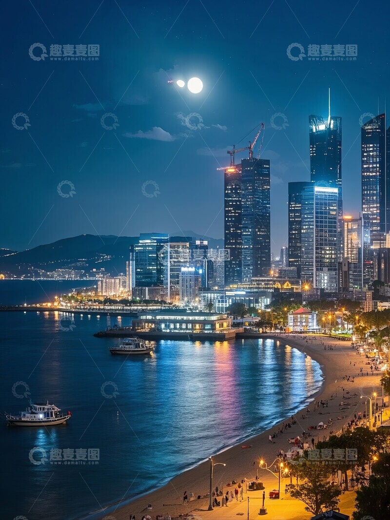 高清大图下载【趣麦麦图】月夜海滨城市风光
