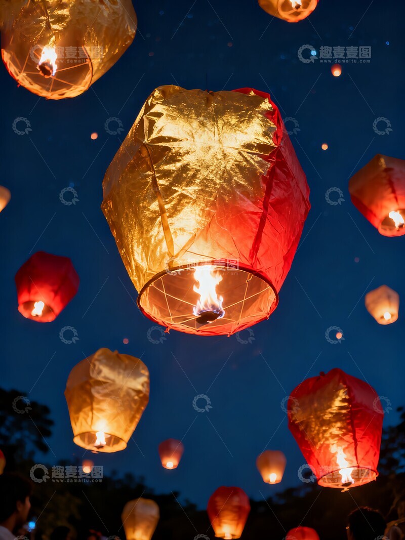 高清大图下载【趣麦麦图】夜空中飘浮的孔明灯