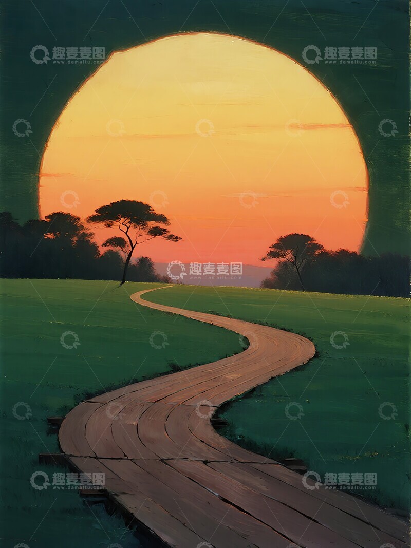 高清大图下载【趣麦麦图】夕阳下的林间小径手绘风格插画