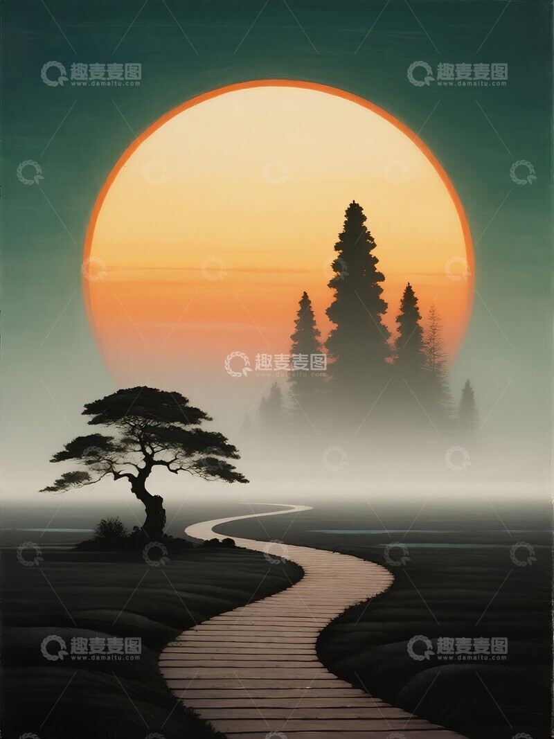 高清大图下载【趣麦麦图】夕阳下的林间小路手绘风格插画