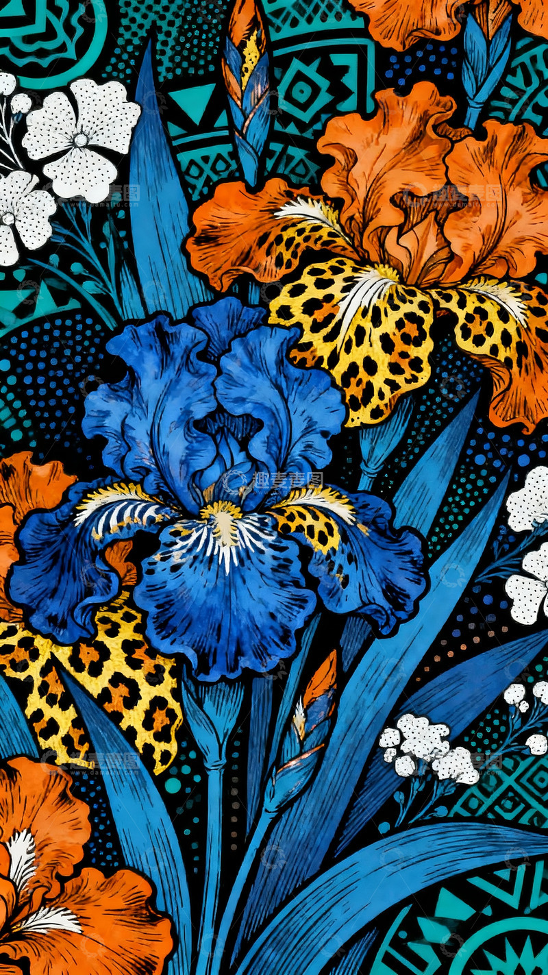 高清大图下载【趣麦麦图】黄蓝复古花朵铜版画
