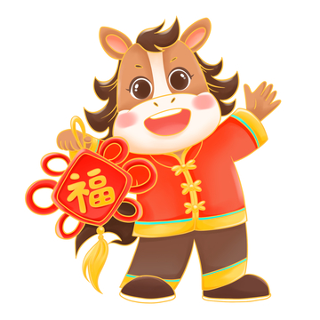卡通风春节小马形象拜年持福插画素材