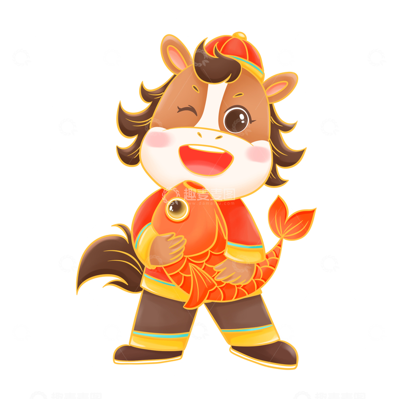 卡通风春节小马卡通形象手持金鱼插画素材