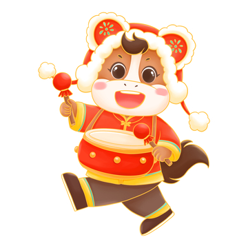 卡通风小马春节马年敲鼓插画素材