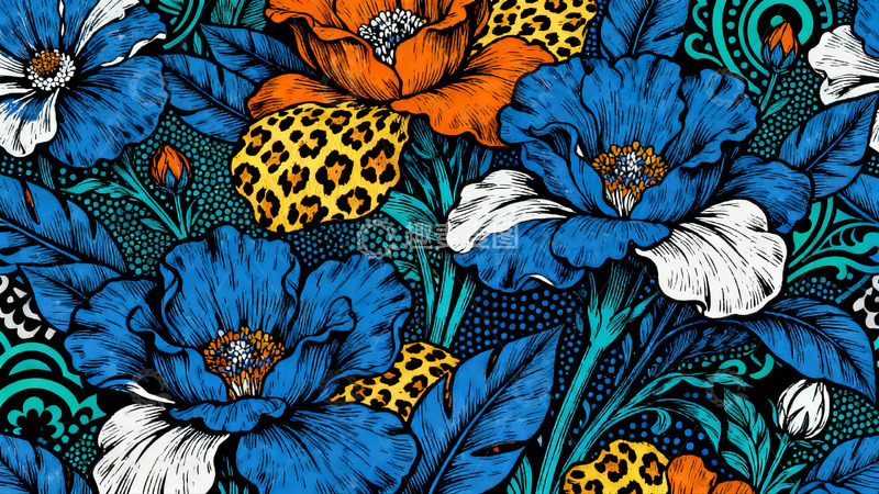 高清大图下载【趣麦麦图】黄蓝复古花朵铜版画