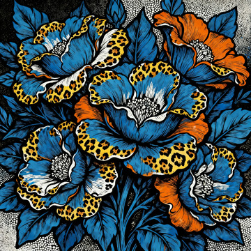 黄蓝复古花朵铜版画