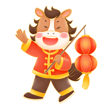 卡通风春节小马形象持灯笼挥手插画素材