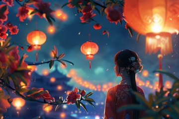 中秋节灯笼女孩夜景
