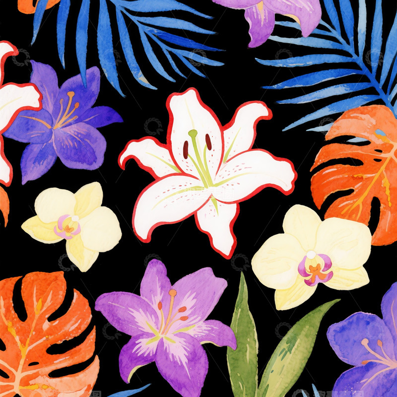 高清大图下载【趣麦麦图】水彩花卉叶子图案